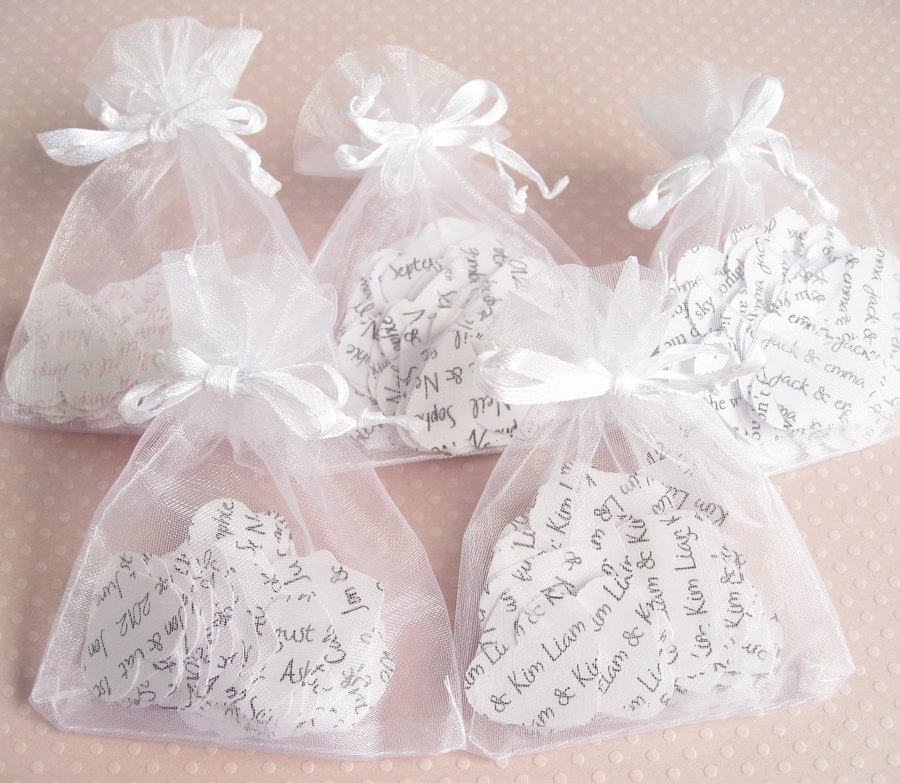 10 X Confetti Organza Bag Favors With Personalised Confetti Hearts